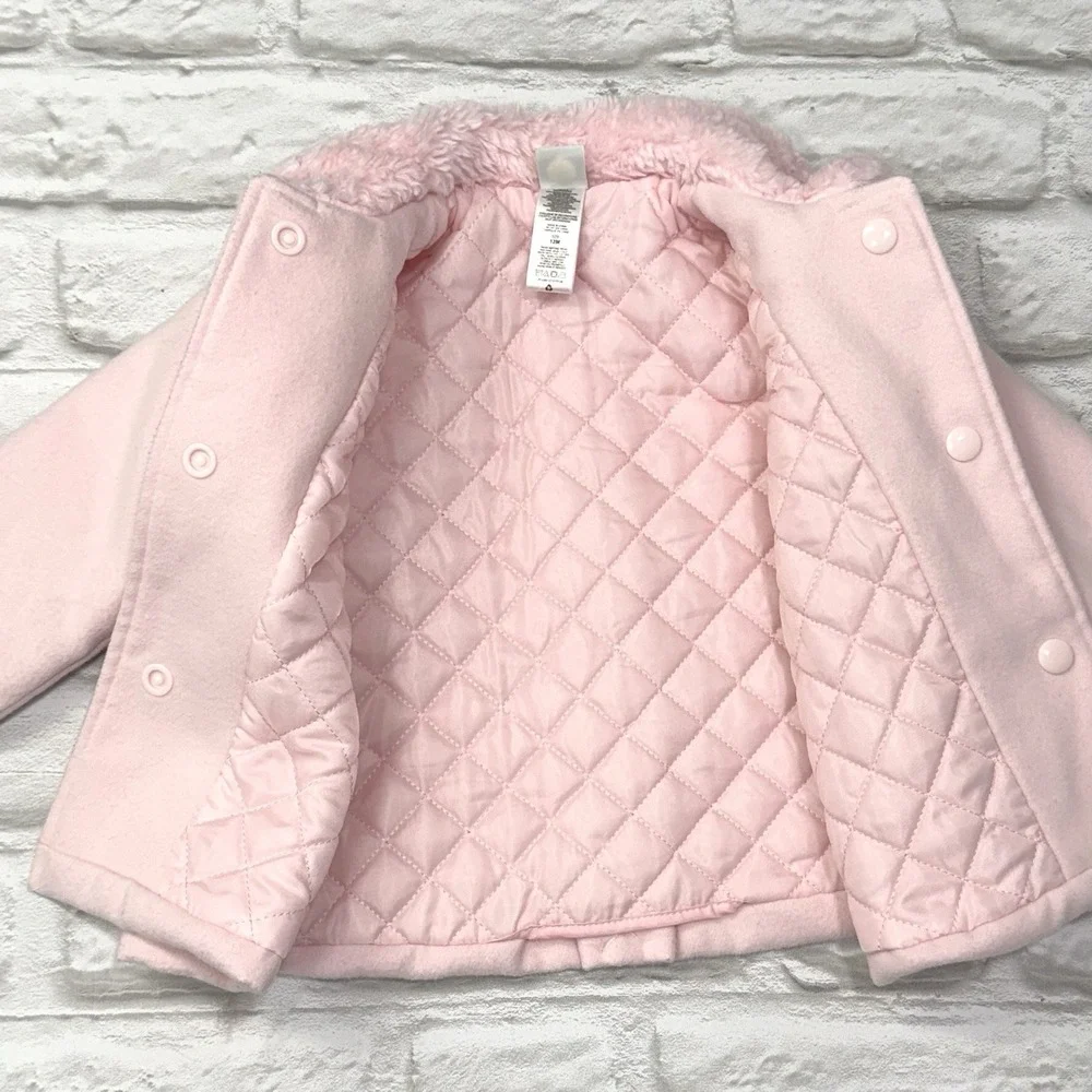 LITTLE ME Pink Felt Pea Coat 12M Bow Faux Fur Babydoll Quilted Lining Warm Fuzzy